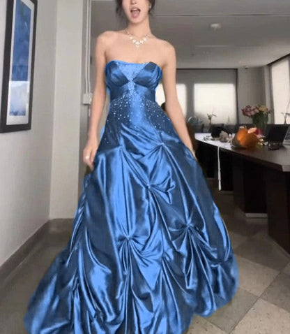 💚Pretty Forest Green A-Line Long Prom Dresses With Silver Beads Sweet Strapless Satin Evening Dresses ED01741