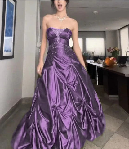 💚Pretty Forest Green A-Line Long Prom Dresses With Silver Beads Sweet Strapless Satin Evening Dresses ED01741