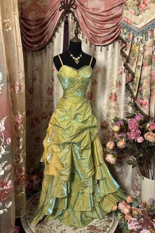 💚Fairytale Sage A-Line Mask Prom Dress Beaded Satin Evening Gown for Birthady&Graduation ED01742