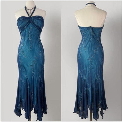 Vintage Blue Chiffon Long Prom Dresses Elegant  Beaded Party Dresses ED01743