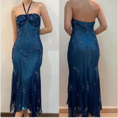Vintage Blue Chiffon Long Prom Dresses Elegant  Beaded Party Dresses ED01743