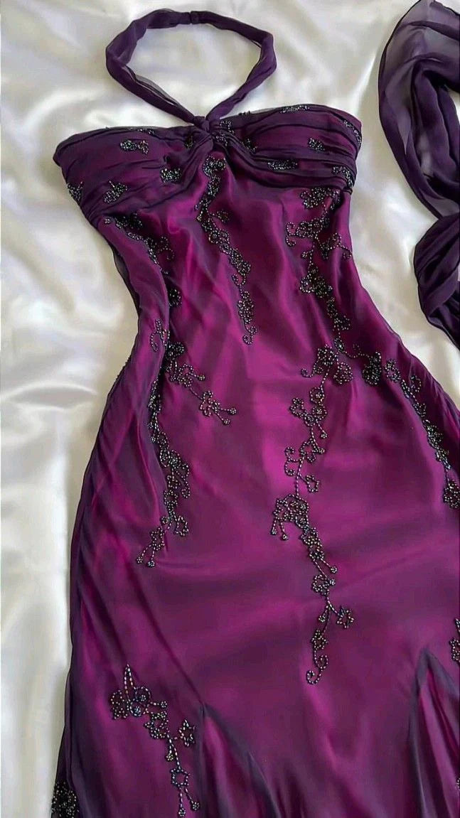 Vintage Blue Chiffon Long Prom Dresses Elegant  Beaded Party Dresses ED01743