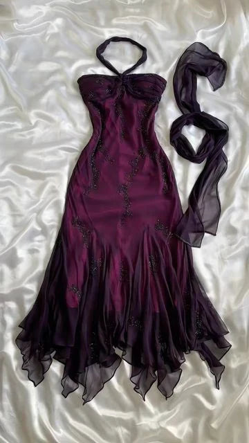 Vintage Blue Chiffon Long Prom Dresses Elegant  Beaded Party Dresses ED01743