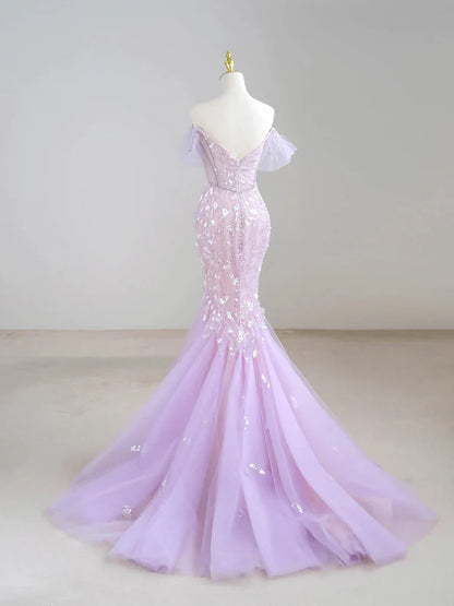 Mermaid V neck Tulle Sequin Purple Long Prom Dress Formal Dress ED01744
