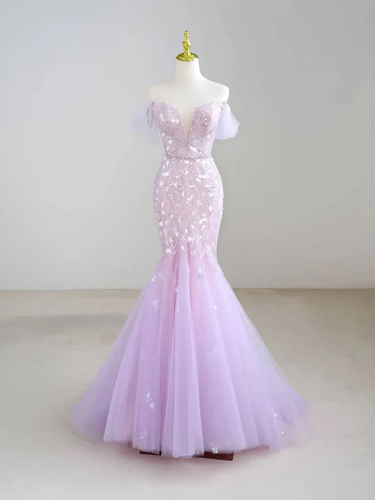 Mermaid V neck Tulle Sequin Purple Long Prom Dress Formal Dress ED01744