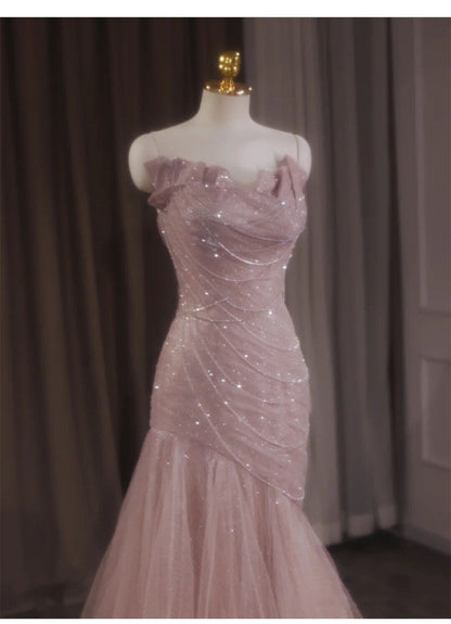 Pink Mermaid Strapless Tulle Sequined Long Prom Dress Sweet Wedding Dress ED01745