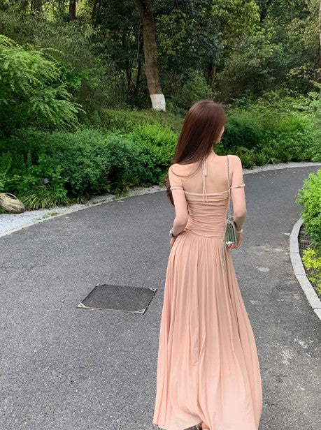 Gentle style pleated waist dress with suspenders ED01746