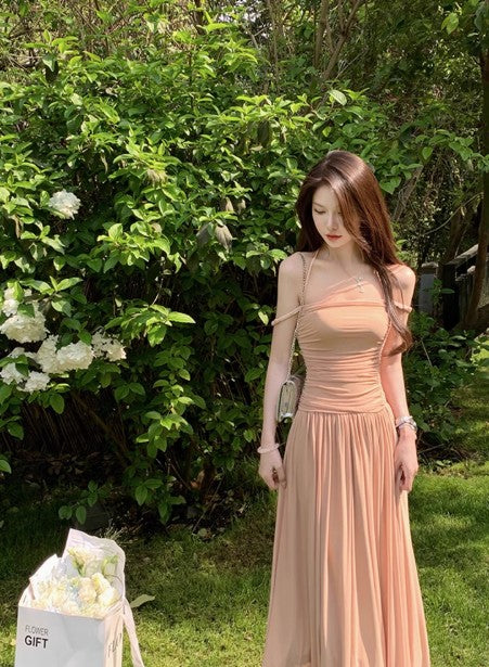 Gentle style pleated waist dress with suspenders ED01746