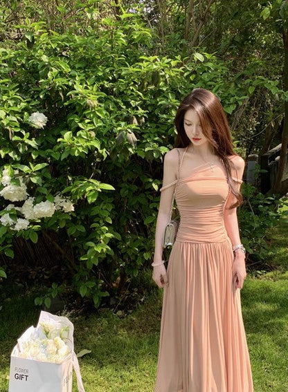 Gentle style pleated waist dress with suspenders ED01746