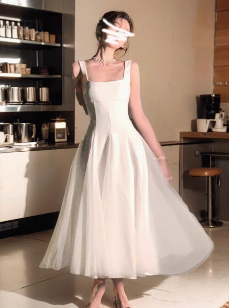 High-grade fluffy mesh white suspender dress ED01747