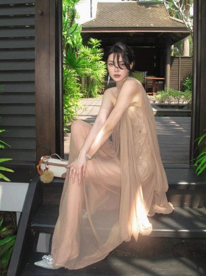 French style mesh ribbon tube top dress backless holiday maxi dress ED01748