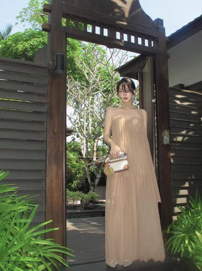 French style mesh ribbon tube top dress backless holiday maxi dress ED01748