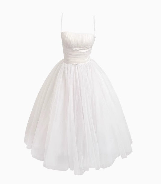Off-White A-Line Spaghetti Strap Tulle Prom Dress Birthday Dress ED01749