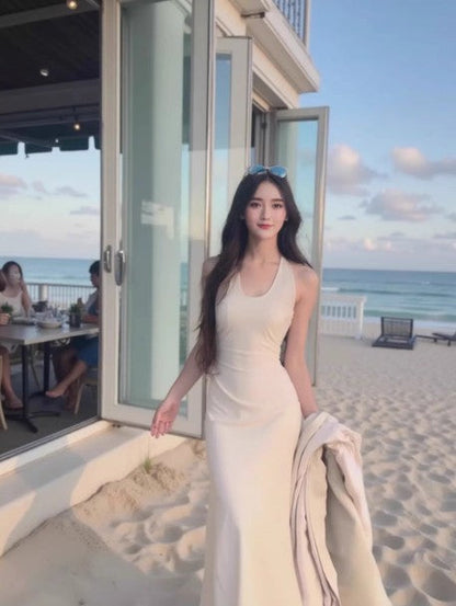 French Satin Mermaid V-Neck Halter Dress ED01750