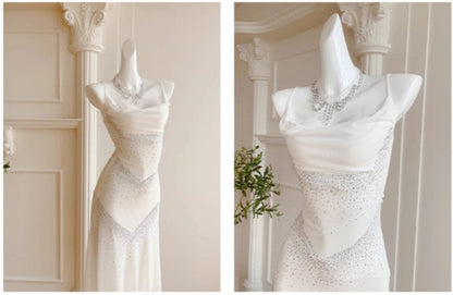 Gentle White Bodycon Dress Spaghetti Straps Prom Dress Graduation Prom Adult Ceremony Dress ED01752