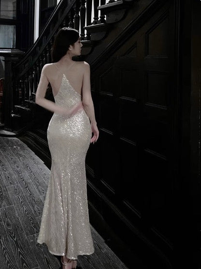 Silver Mermaid Spaghetti Strap Sequin Prom Dress Shimmer Evening Gown ED01753