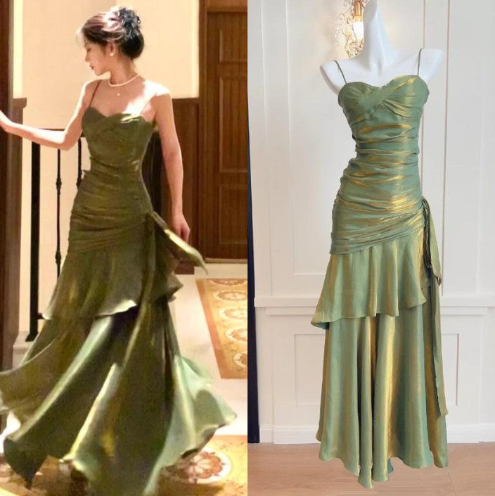 Vintage Spaghetti Straps Blue Chiffon Satin  Ruffles Long Prom Dresses Fairytale Evening Dresses ED01754