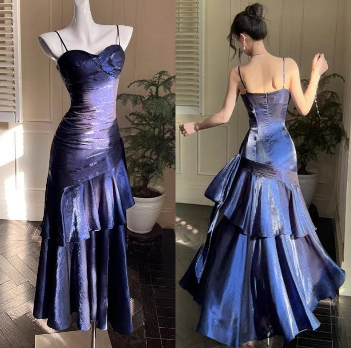 Vintage Spaghetti Straps Blue Chiffon Satin  Ruffles Long Prom Dresses Fairytale Evening Dresses ED01754
