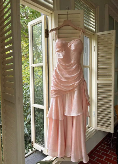 Vintage Spaghetti Straps Blue Chiffon Satin  Ruffles Long Prom Dresses Fairytale Evening Dresses ED01754