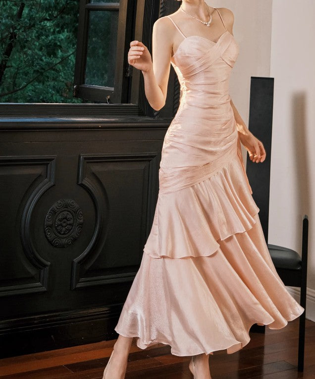 Vintage Spaghetti Straps Blue Chiffon Satin  Ruffles Long Prom Dresses Fairytale Evening Dresses ED01754