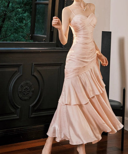 Vintage Spaghetti Straps Blue Chiffon Satin  Ruffles Long Prom Dresses Fairytale Evening Dresses ED01754