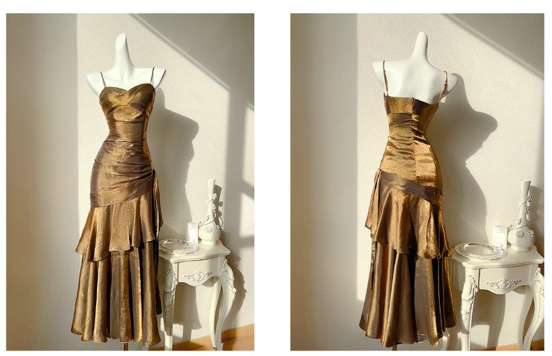 Vintage Spaghetti Straps Blue Chiffon Satin  Ruffles Long Prom Dresses Fairytale Evening Dresses ED01754