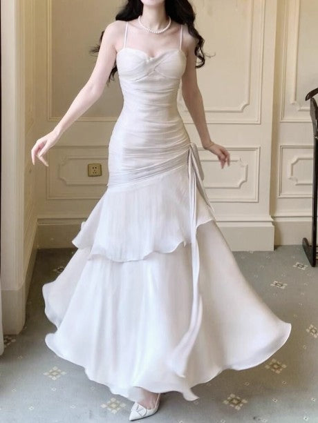 Vintage Spaghetti Straps Blue Chiffon Satin  Ruffles Long Prom Dresses Fairytale Evening Dresses ED01754