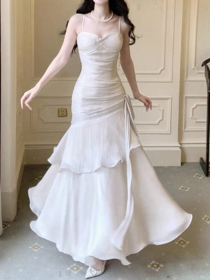 Vintage Spaghetti Straps Blue Chiffon Satin  Ruffles Long Prom Dresses Fairytale Evening Dresses ED01754