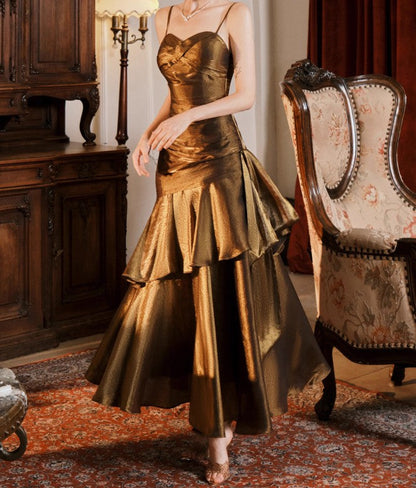 Vintage Spaghetti Straps Blue Chiffon Satin  Ruffles Long Prom Dresses Fairytale Evening Dresses ED01754