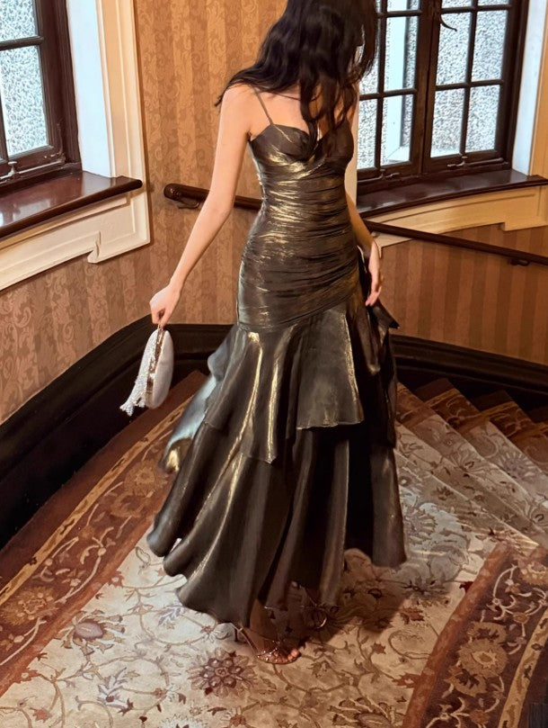 Vintage Spaghetti Straps Blue Chiffon Satin  Ruffles Long Prom Dresses Fairytale Evening Dresses ED01754