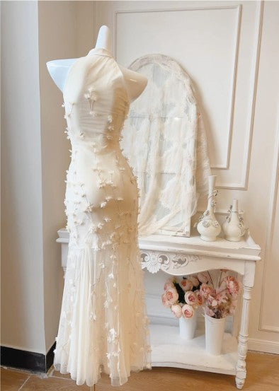 Light Apricot Mermaid Turtleneck Tulle 3D Flower Prom Dress ED01755