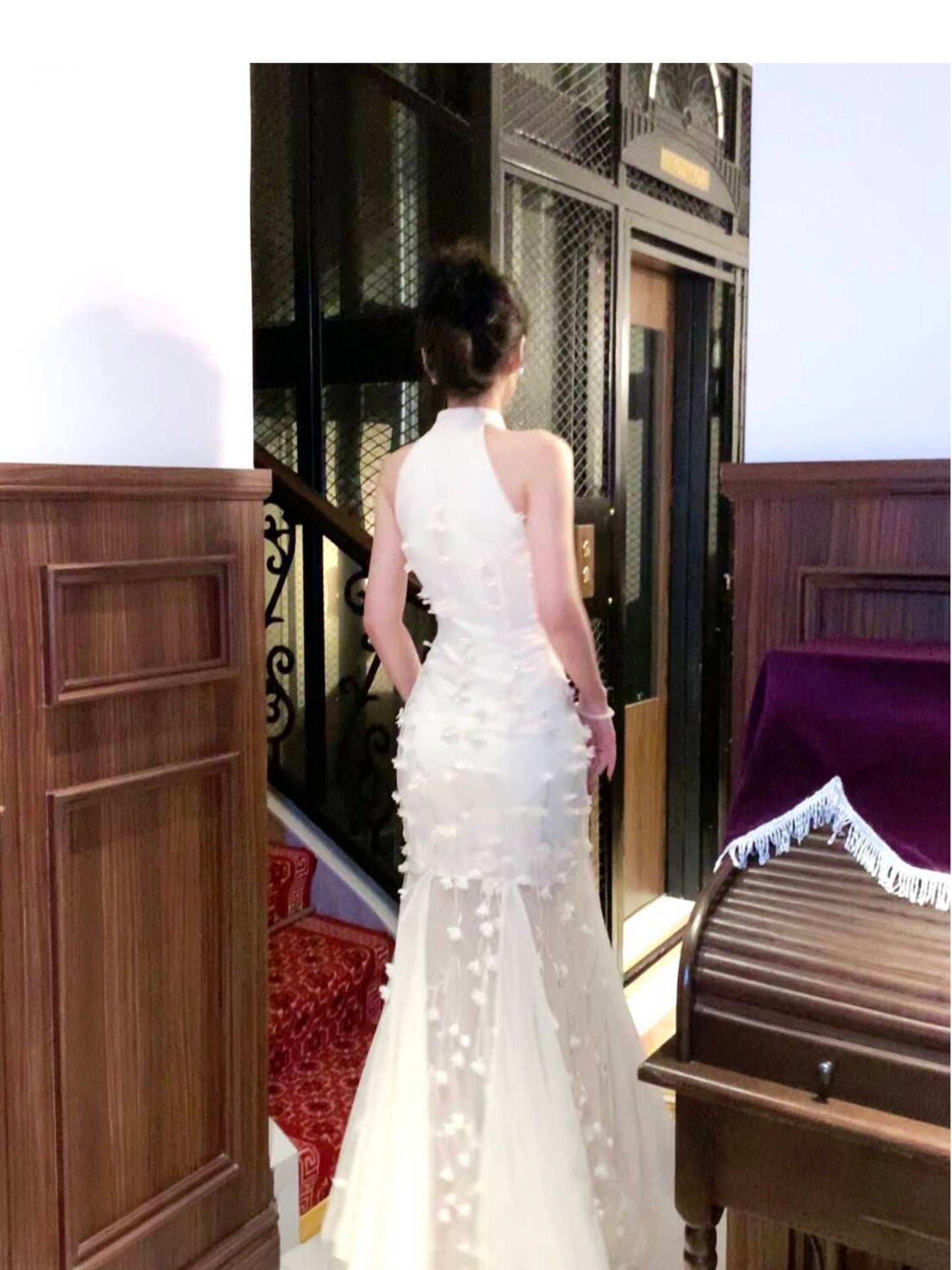 Light Apricot Mermaid Turtleneck Tulle 3D Flower Prom Dress ED01755