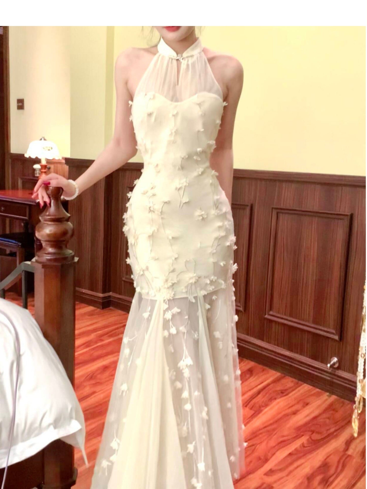 Light Apricot Mermaid Turtleneck Tulle 3D Flower Prom Dress ED01755