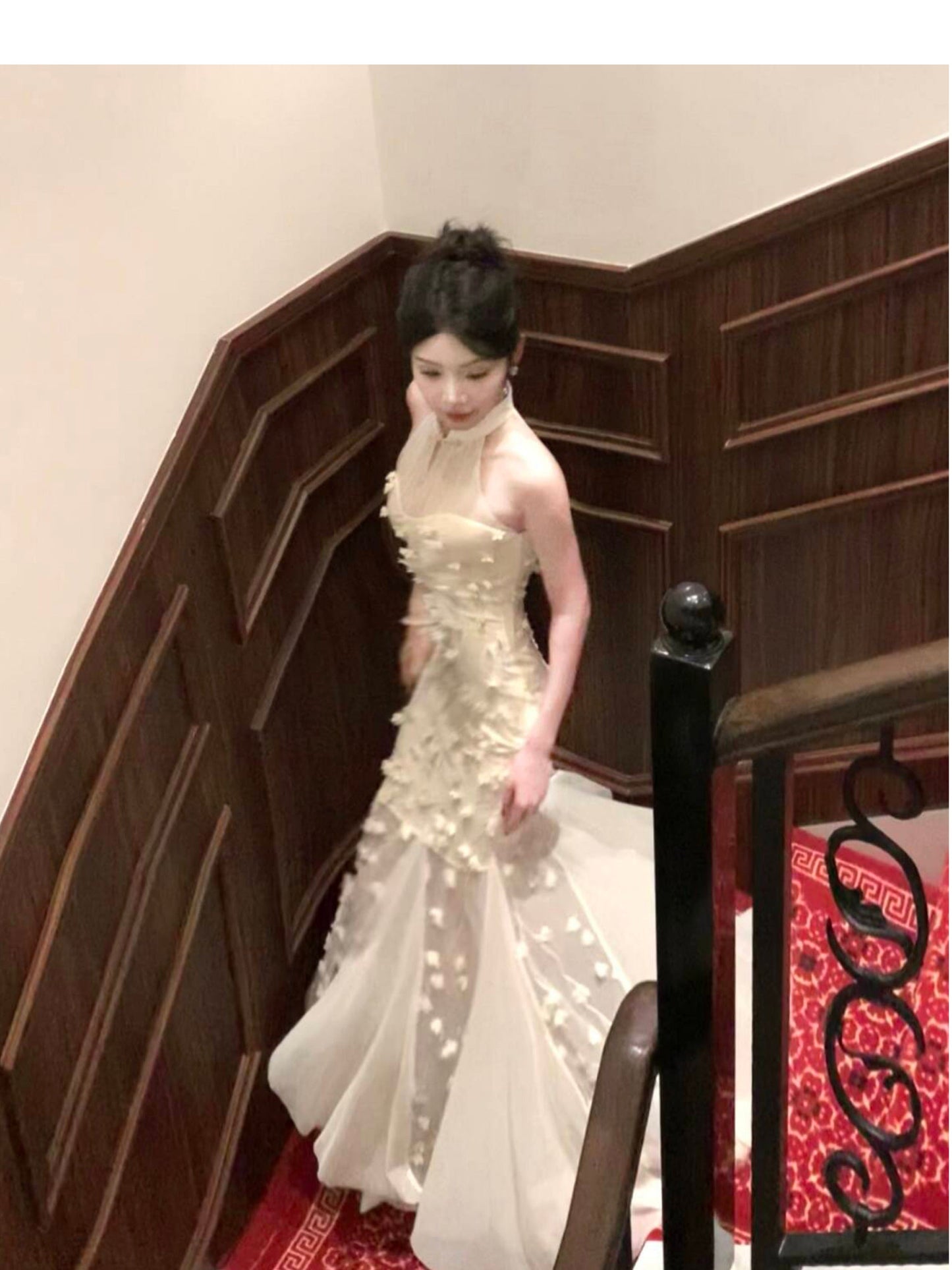 Light Apricot Mermaid Turtleneck Tulle 3D Flower Prom Dress ED01755