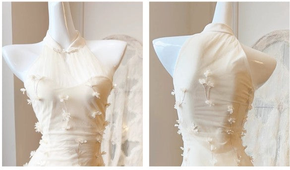 Light Apricot Mermaid Turtleneck Tulle 3D Flower Prom Dress ED01755