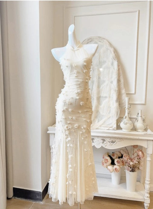 Light Apricot Mermaid Turtleneck Tulle 3D Flower Prom Dress ED01755