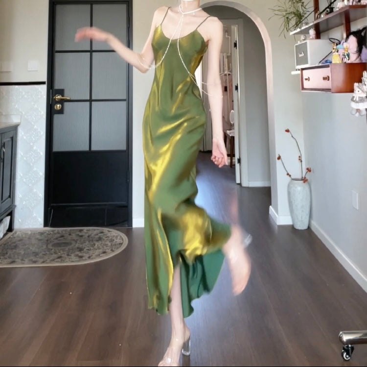 Elegant Spaghetti Strap Bodycon Dress V Neck Glitter Silk Prom Dress ED01756