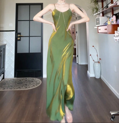 Elegant Spaghetti Strap Bodycon Dress V Neck Glitter Silk Prom Dress ED01756