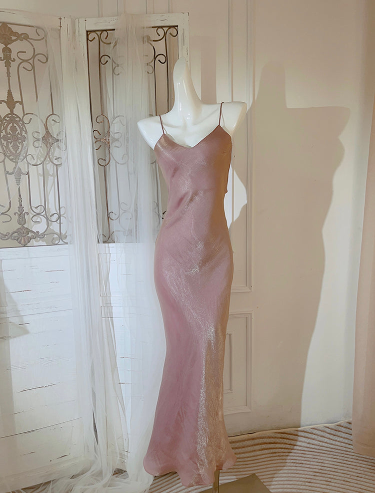 Elegant Spaghetti Strap Bodycon Dress V Neck Glitter Silk Prom Dress ED01756