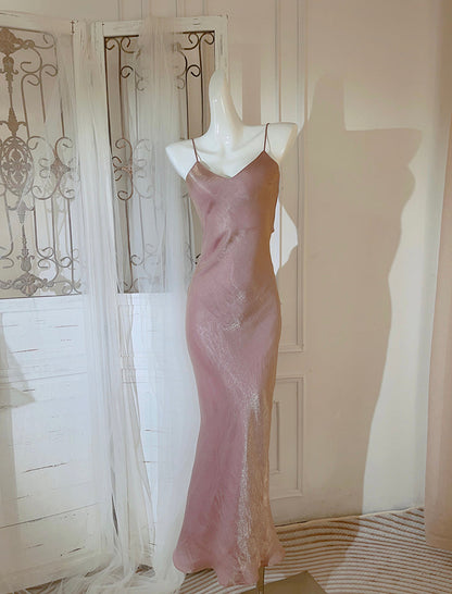 Elegant Spaghetti Strap Bodycon Dress V Neck Glitter Silk Prom Dress ED01756