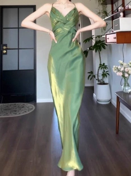 Retro Green Mermaid Spaghetti Straps Prom Dress Backless Birthday Graduation Prom Dress ED01758