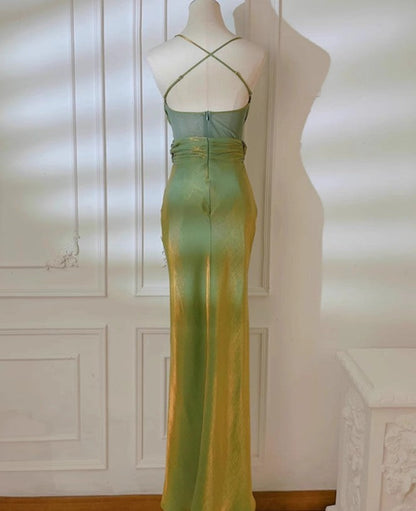Retro Green Mermaid Spaghetti Straps Prom Dress Backless Birthday Graduation Prom Dress ED01758