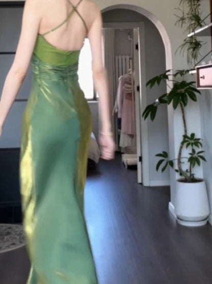 Retro Green Mermaid Spaghetti Straps Prom Dress Backless Birthday Graduation Prom Dress ED01758
