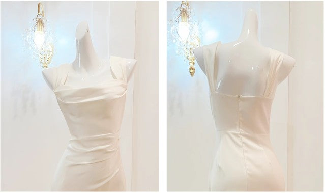 Elegant White Mermaid Square Neck Satin Prom Dress Birthday Dress ED01759