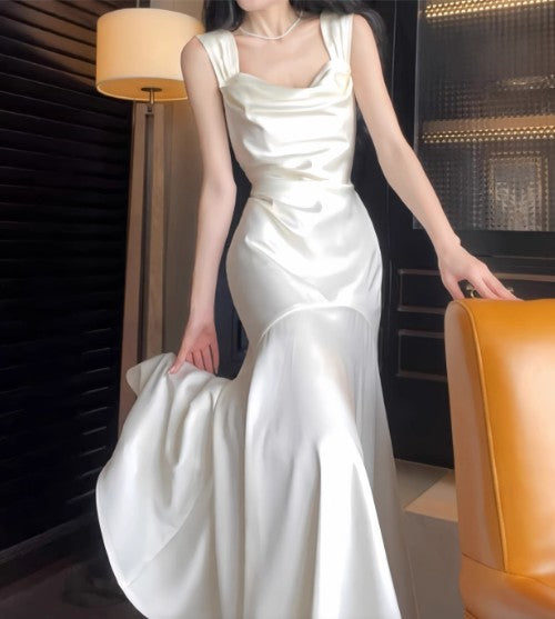 Elegant White Mermaid Square Neck Satin Prom Dress Birthday Dress ED01759