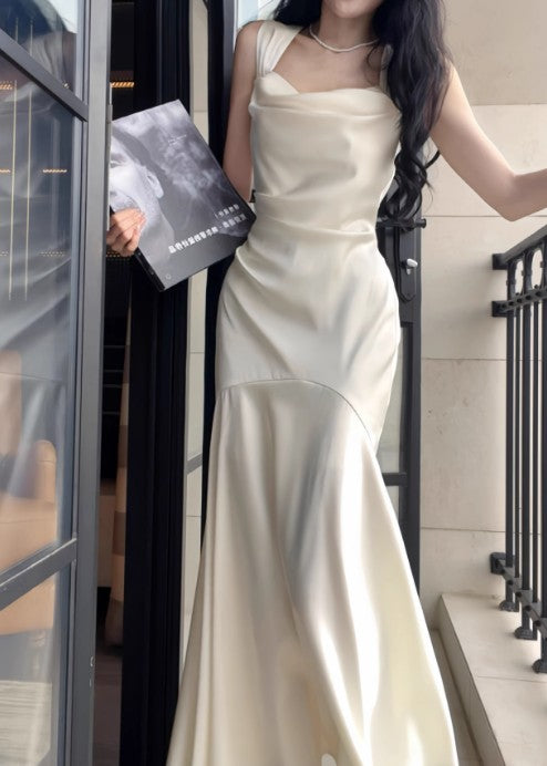 Elegant White Mermaid Square Neck Satin Prom Dress Birthday Dress ED01759
