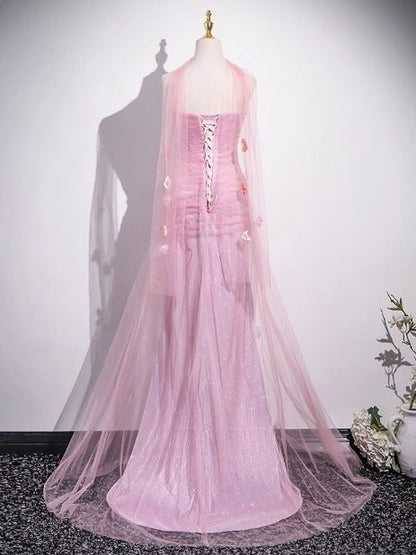 Pink Mermaid Strapless Tulle 3D Applique Long Prom Dress Sweet Wedding Dress ED01761