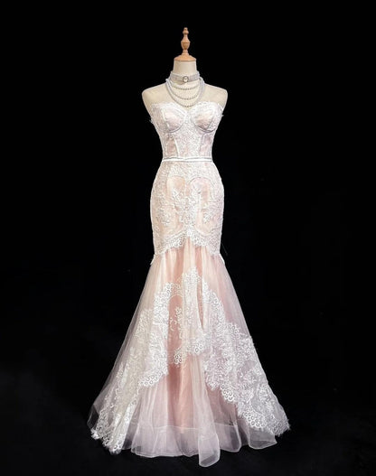 Light Pink Strapless Mermaid Tulle Lace Long Prom Dress Sweetheart Neckline Formal Dress ED01762