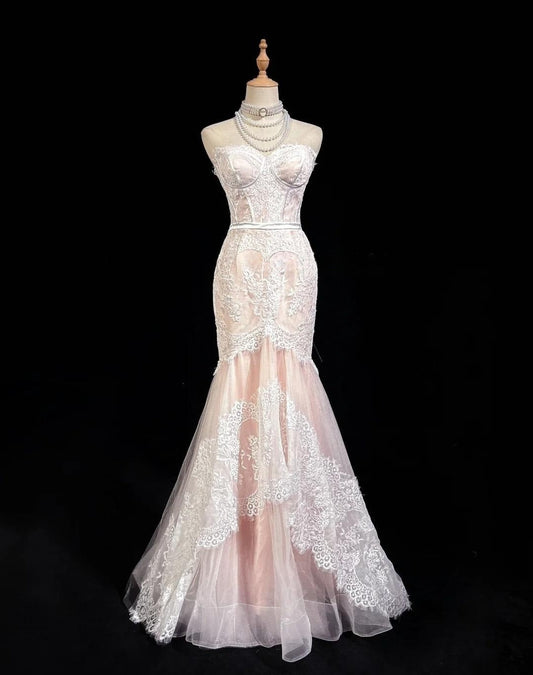 Light Pink Strapless Mermaid Tulle Lace Long Prom Dress Sweetheart Neckline Formal Dress ED01762