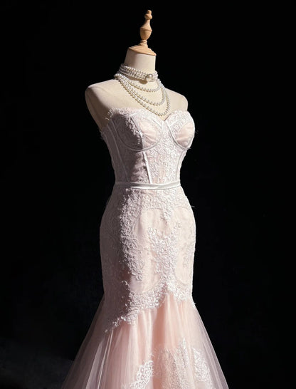 Light Pink Strapless Mermaid Tulle Lace Long Prom Dress Sweetheart Neckline Formal Dress ED01762